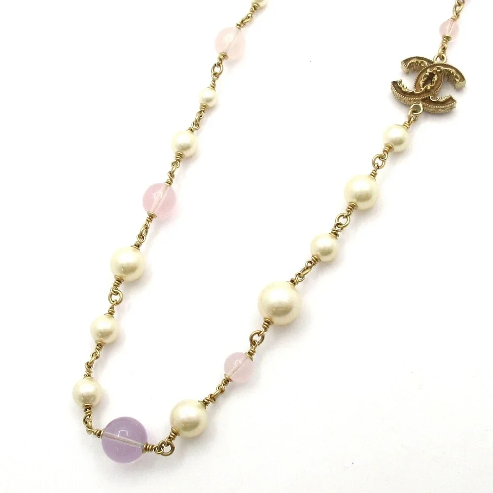 Chanel Necklace Light Purple Gold White Hardware Color Stone Pearl